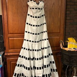 Terani Couture White Strapless Gown with Black Banding